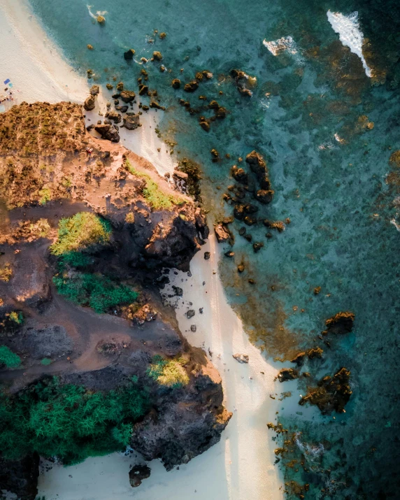 a bird's eye view of a sandy beach, a picture, pexels contest winner, maui, light and dark, thumbnail, rocky coast