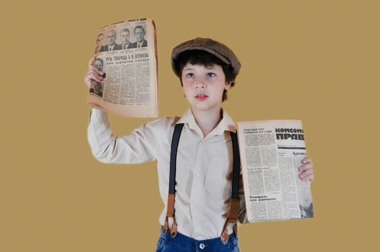 a young boy is holding up a newspaper, inspired by Norman Rockwell, pexels, costumes from peaky blinders, 15081959 21121991 01012000 4k, mini model, from the 7 0 s