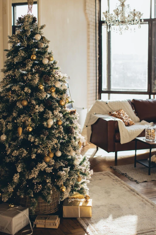 a living room filled with furniture and a christmas tree, pexels contest winner, baroque, brown and cream color scheme, hazy, promo image, apartment