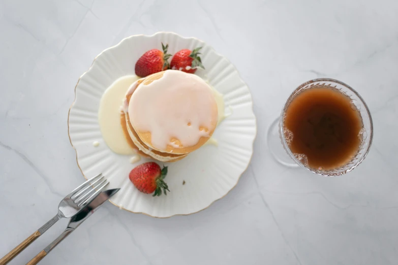 a plate topped with pancakes and strawberries next to a cup of coffee, by Emma Andijewska, unsplash, art nouveau, maple syrup fluid, pale milky white porcelain skin, background image, white and pink cloth