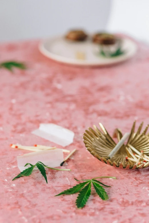 a close up of a plate of food on a table, by Elsa Bleda, conceptual art, marijuana leaves ) wet, pink zen style, smoke and debris, conceptual installation