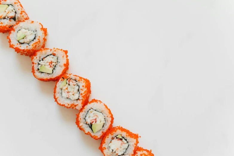 a long line of sushi rolls on a white surface, inspired by Maki Haku, unsplash, sōsaku hanga, neon orange, all marble, bubbly, detailed product image