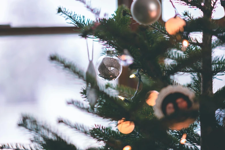 a close up of a christmas tree with ornaments on it, a photo, by Emma Andijewska, pexels, 🦩🪐🐞👩🏻🦳, hygge, glare, opening shot