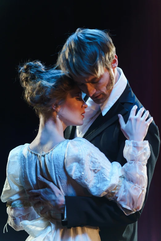 a woman in a white dress and a man in a black tuxedo, inspired by Karl Bryullov, romanticism, production still, embrace, slide show, [ theatrical ]