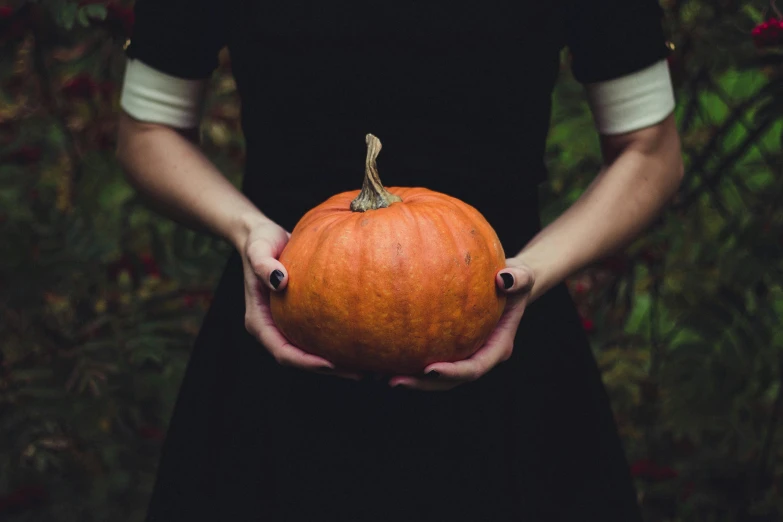 a woman in a black dress holding a pumpkin, pexels contest winner, symbolism, pale-skinned, round-cropped, digital image, black veins