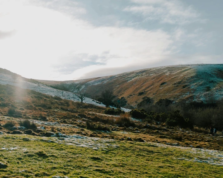 a herd of sheep standing on top of a lush green hillside, an album cover, by Lee Loughridge, pexels contest winner, winter sun, winter landscape outside, in a valley, grainy film photo