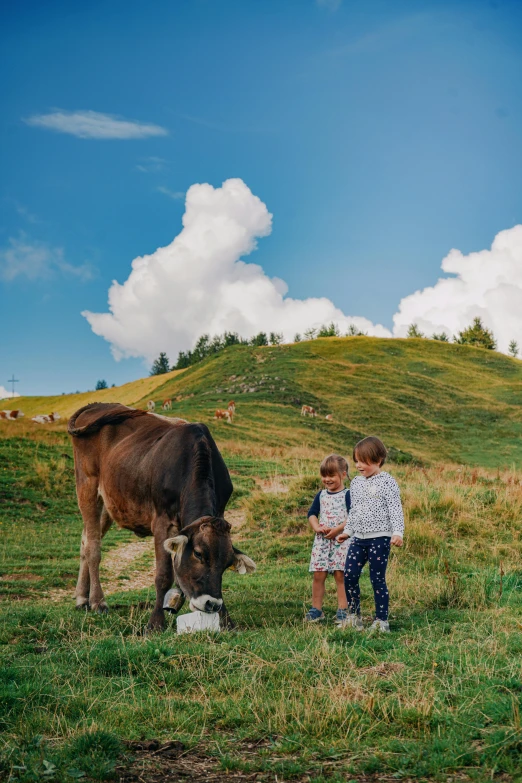 a couple of kids standing next to a cow, by Julia Pishtar, pexels contest winner, renaissance, grassy hills, ready to eat, square, 15081959 21121991 01012000 4k