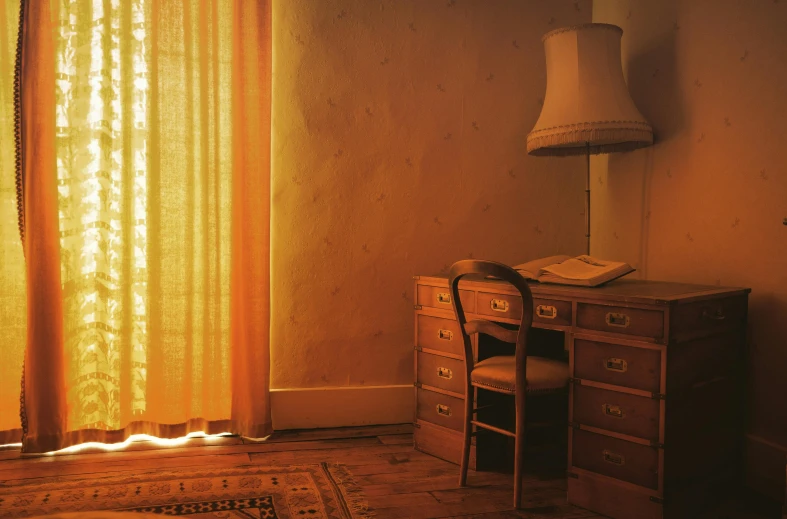 a bedroom with a desk a chair and a lamp, an album cover, inspired by Elsa Bleda, unsplash contest winner, australian tonalism, still from a wes anderson film, golden sunlight, andrei tarkovsky scene, summer afternoon