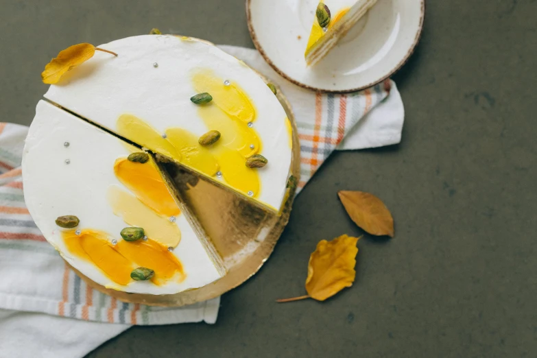 a piece of cake sitting on top of a white plate, by Emma Andijewska, trending on unsplash, with yellow cloths, autumn, finely painted, pi-slices and kidmograph