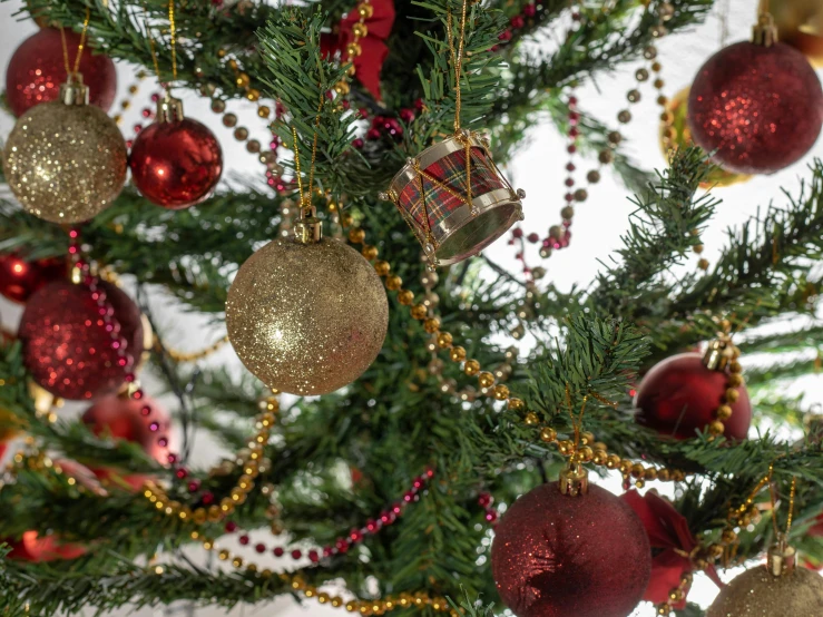 a close up of a christmas tree with ornaments, pexels, renaissance, olive green and venetian red, avatar image, low - angle shot, detail shots