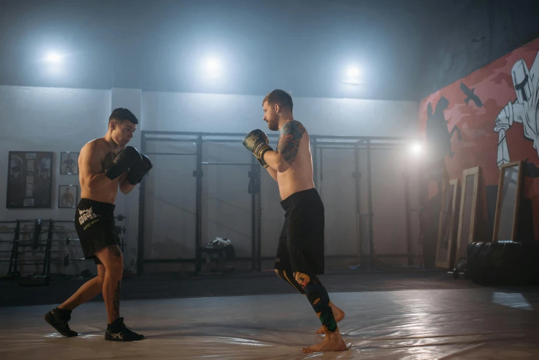 a couple of men standing next to each other on a boxing ring, mma southpaw stance, profile image, [ theatrical ], liam brazier