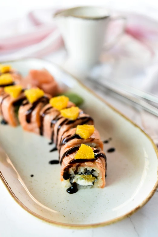 a close up of a plate of food on a table, inspired by Maki Haku, unsplash, mingei, orange fluffy spines, tiger stripes, super long shot, chicago