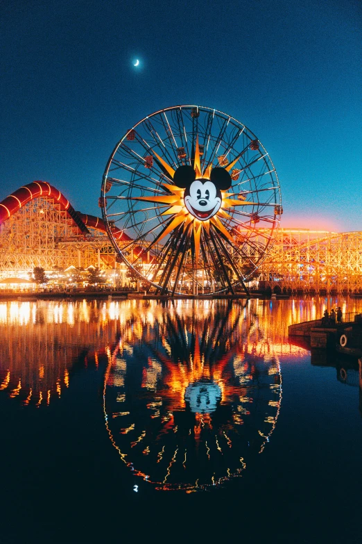 a ferris wheel sitting next to a body of water, inspired by disney, los angeles at night, mickey mouse, in a city with a rich history, profile image