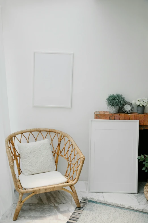 a living room filled with furniture and a fire place, a poster, pexels contest winner, basic white background, wicker chair, white color, product introduction photo