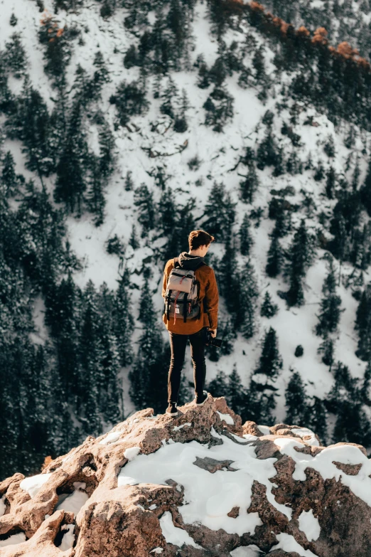 a person standing on top of a snow covered mountain, a man wearing a backpack, millennial vibes, inspect in inventory image, vacation photo