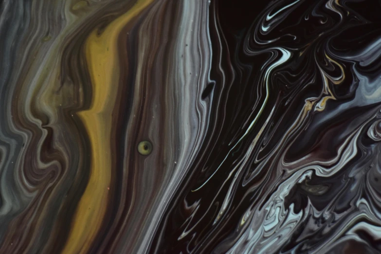 a close up of a liquid substance on a surface, pexels, abstract art, muted brown yellow and blacks, swirly, painted metal and glass, abstract claymation