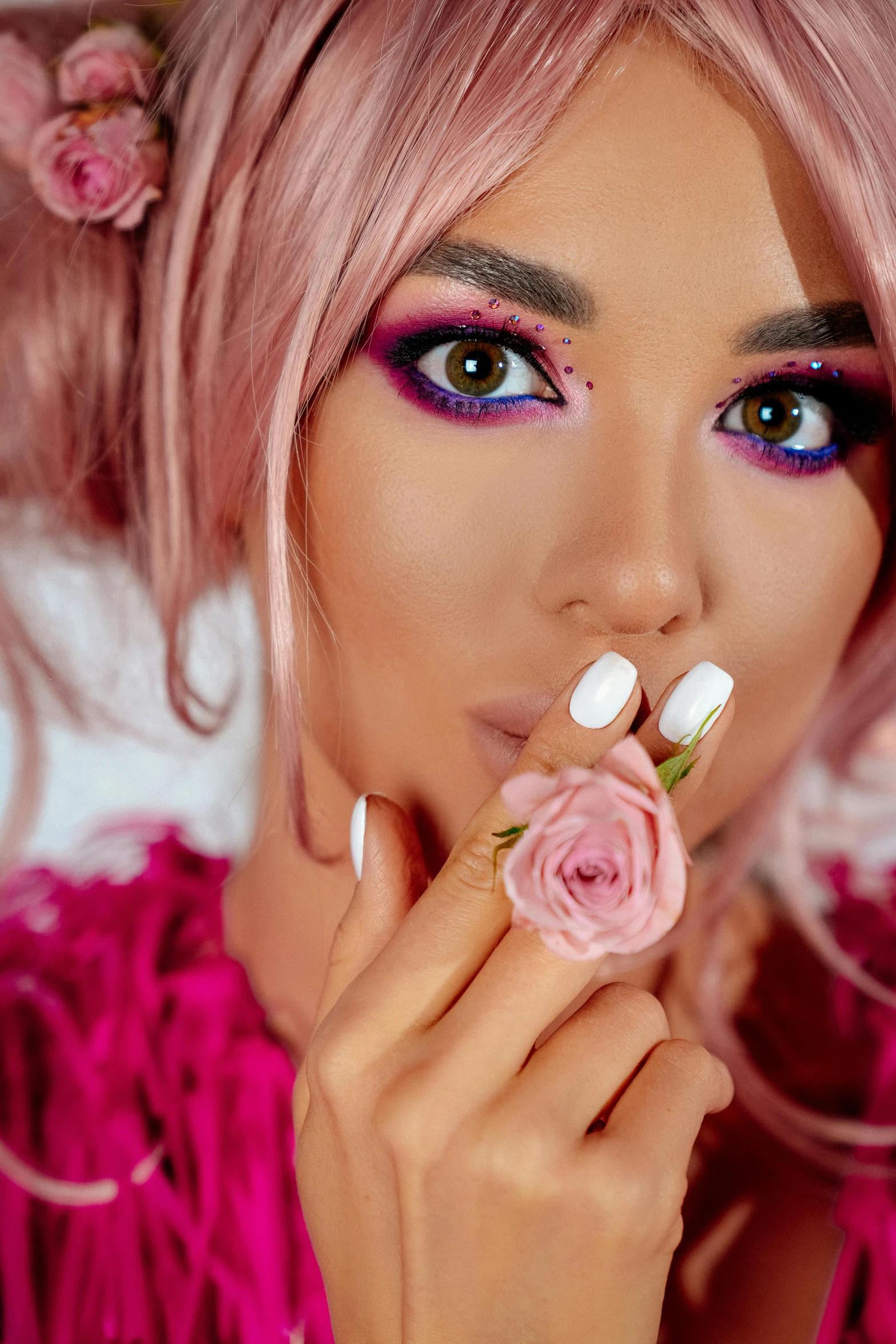 a woman with pink hair and flowers in her hair, trending on pexels, jessica nigri face!!, painted nails, square, anna nikonova aka newmilky