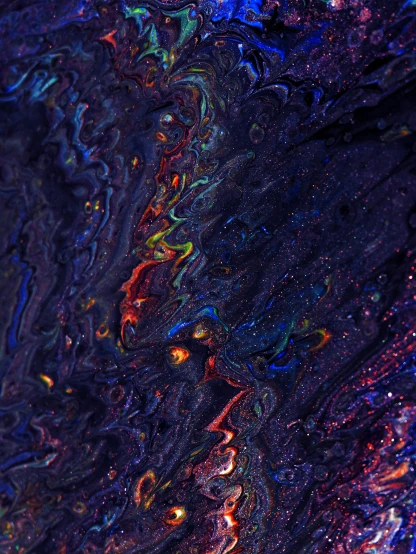 a close up of a cell phone on a table, a microscopic photo, by Daniel Chodowiecki, unsplash, space art, 8k resolution.oil on canvas, black rainbow opal, abstract claymation, paint swirls