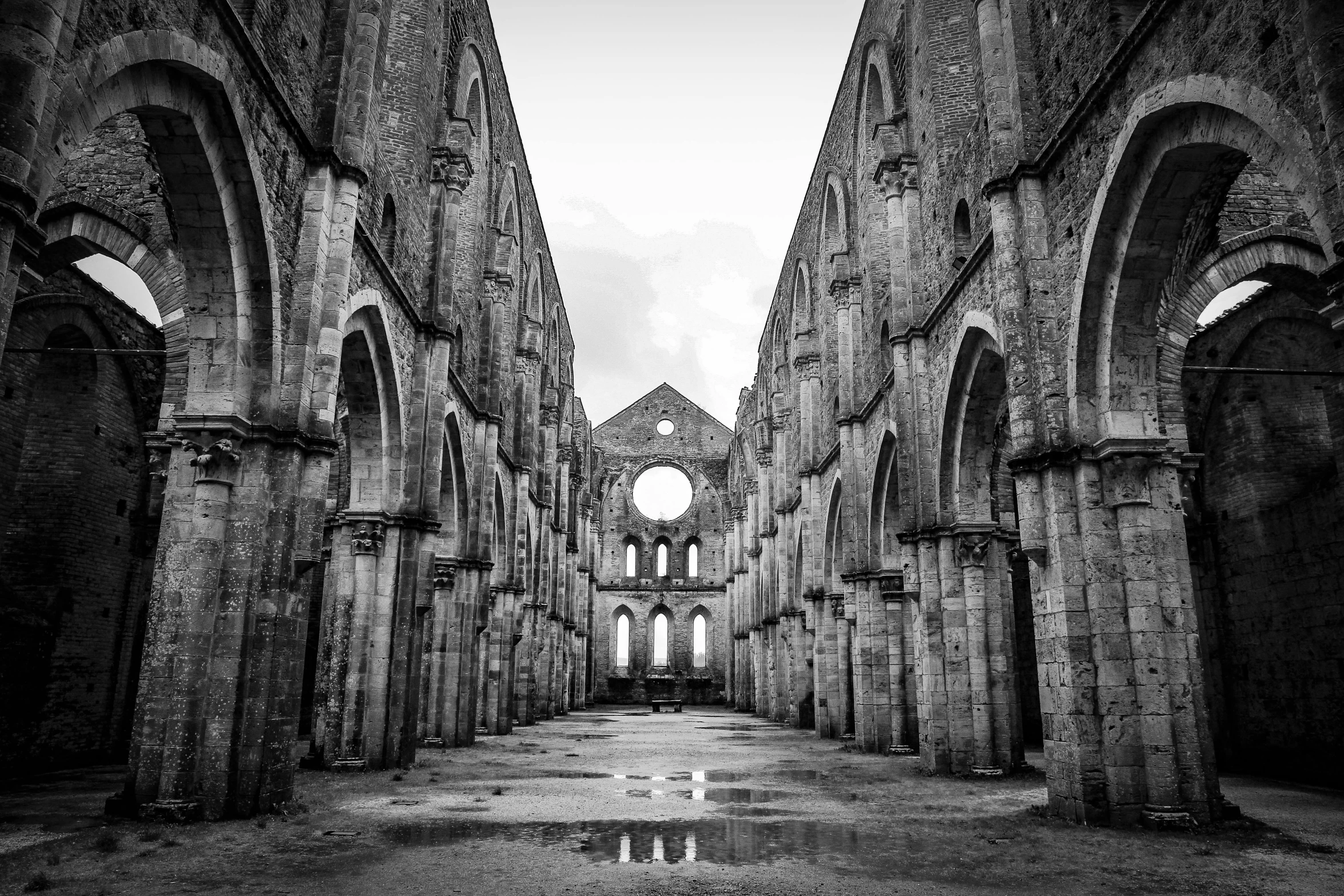 a black and white photo of an old church, by Francesco Furini, pexels contest winner, renaissance, symmetry!! full shot!!, huge giant old ruins, in liquid, brutal archi