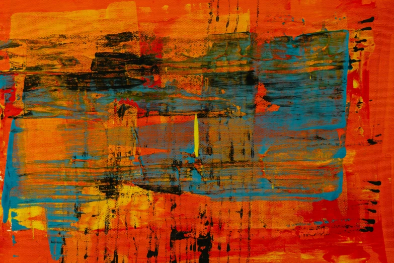 an abstract painting with orange and blue colors, inspired by Richter, shutterstock contest winner, japan grungerock from colors, red and teal and yellow, exhibition of paintings, a wooden