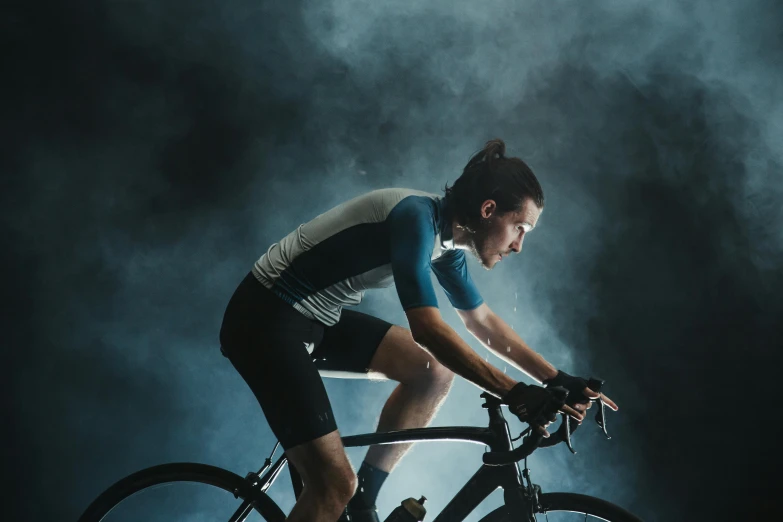 a woman riding a bike in the dark, sweaty. steam in air, avatar image, handsome man, with backdrop of natural light