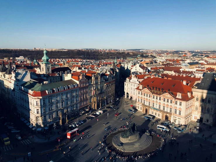 a view of a city from the top of a building, by Adam Marczyński, pexels contest winner, art nouveau, square, sunny day time, prague in the background, profile image
