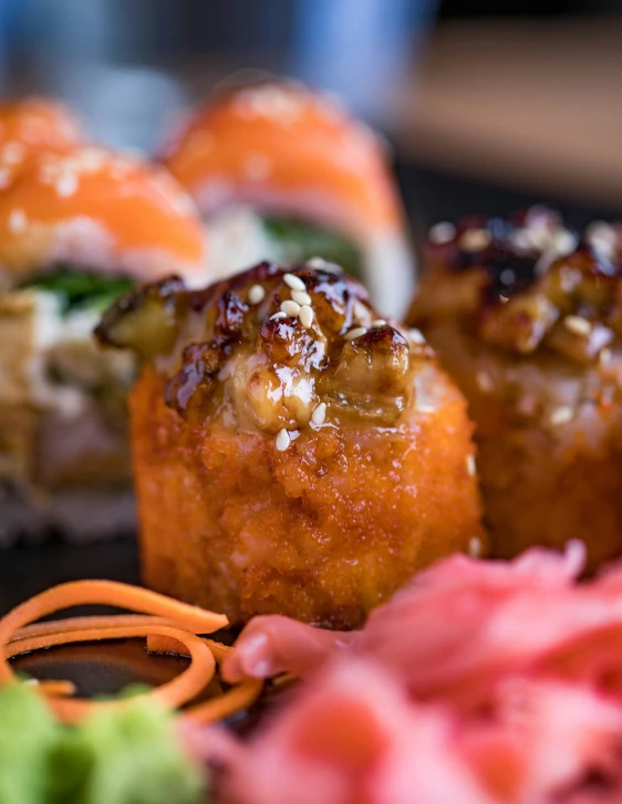 a close up of a plate of sushi, bowl filled with food, profile image, caramel, bombs