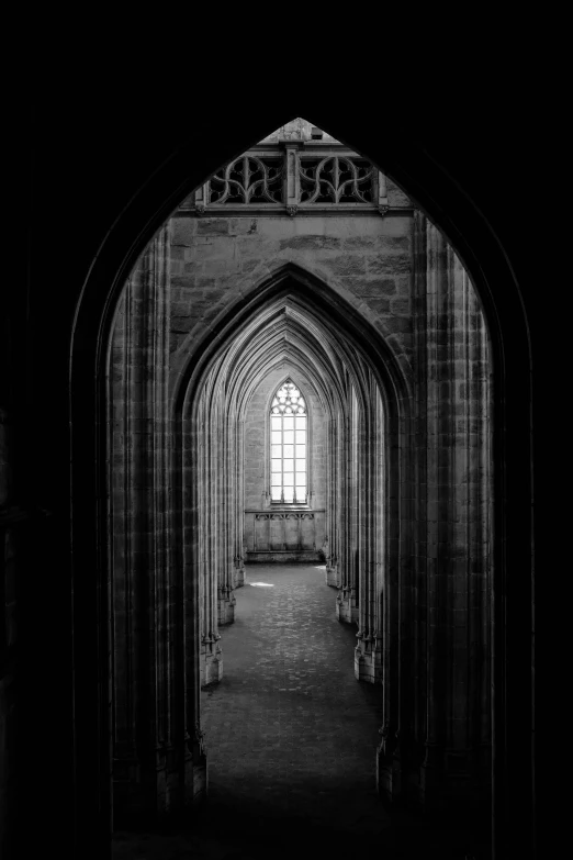 a black and white photo of the inside of a building, a black and white photo, inspired by Hubert van Eyck, unsplash contest winner, gothic art, an ancient path, gothic arch frame, lothlorien, interior of a small