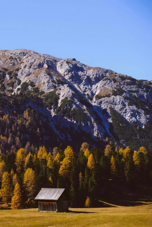 a small cabin in a field with a mountain in the background, a picture, by Karl Gerstner, les nabis, autum, high elevation, slide show, detailed trees and cliffs