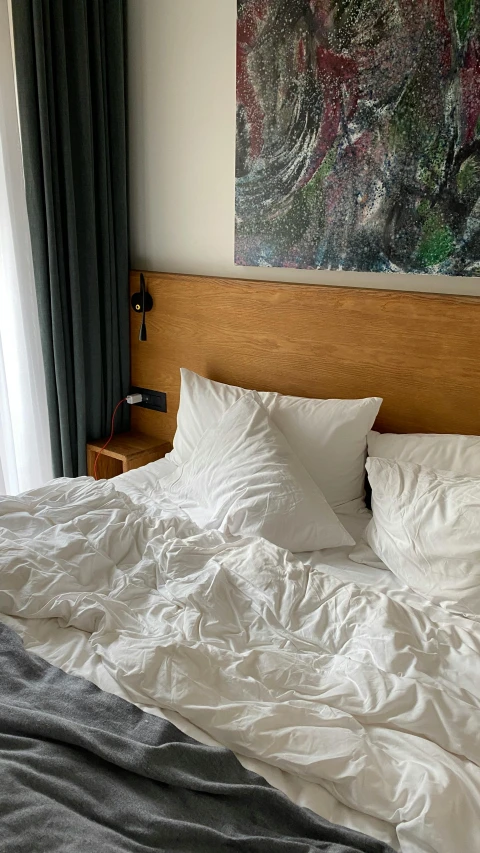 a bed room with a neatly made bed and a painting on the wall, an album cover, unsplash, hyperrealism, low quality photo, tourist photo, white pillows, annoyed