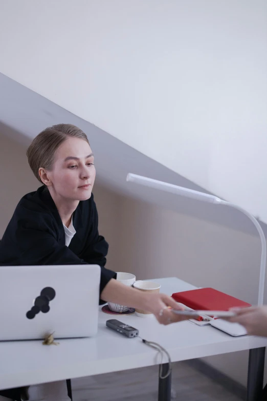 a woman sitting at a desk in front of a laptop computer, inspired by Anna Füssli, altermodern, medical lighting, giving an interview, neo kyiv, slightly minimal