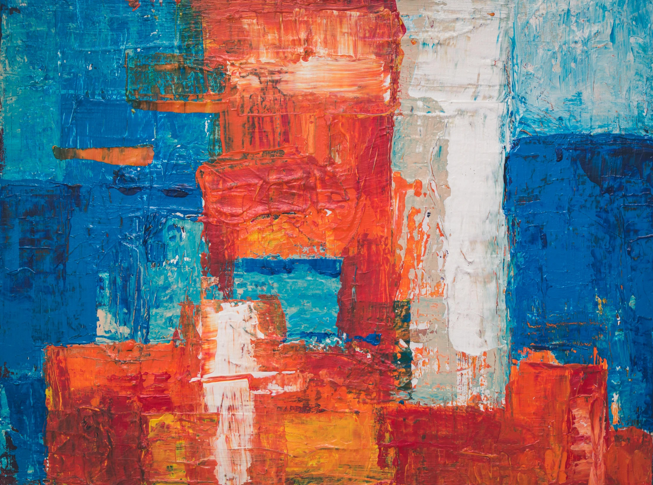 an abstract painting with red and blue colors, by Micha Klein, pexels, abstract expressionism, 144x144 canvas, ntricate oil painting, patchwork, blue and orange