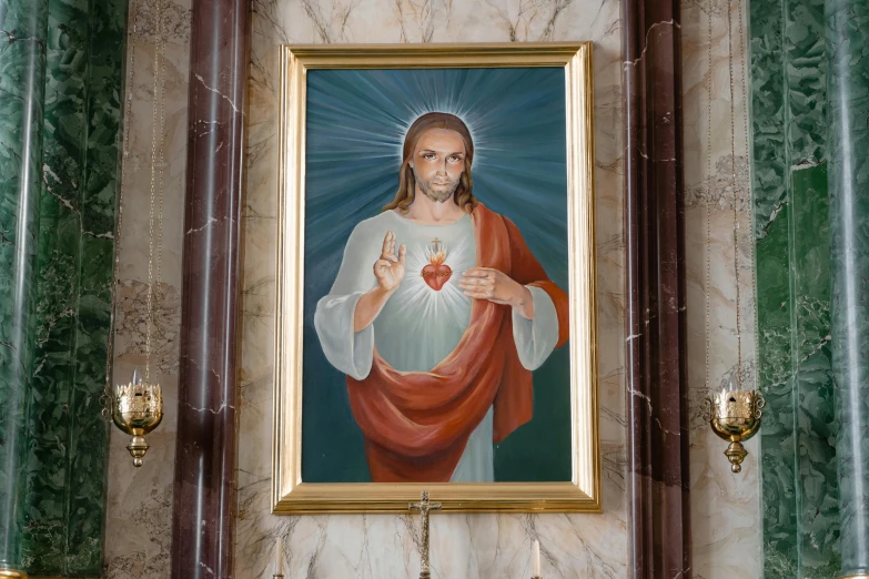 a painting of jesus holding a heart in a church, a painting, by Julia Pishtar, pexels, sots art, white marble interior photograph, avatar image, shrine, symmetrical painting