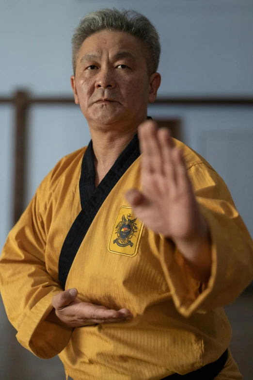 a man in a yellow kimono doing karate, up close shot shinji aramaki, wearing brown robes, hyung-tae kim, taken in 2 0 2 0