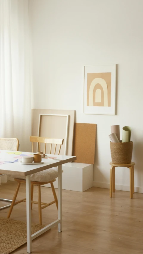 a room that has a table and chairs in it, a minimalist painting, pexels contest winner, earthy light pastel colours, crafts and more, cardboard, design studio