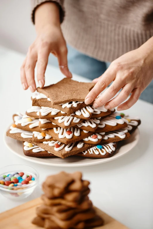 a close up of a plate of cookies on a table, by Julia Pishtar, gingerbread candy village, hands, multiple layers, profile image