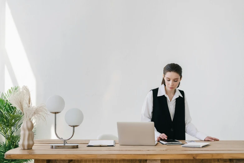 a woman sitting at a desk with a laptop, trending on pexels, standing elegantly, a wooden, avatar image, concentration