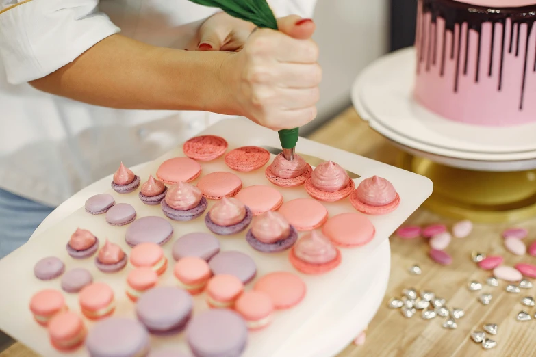 a woman is decorating a cake with pink and purple icing, by Liza Donnelly, trending on pexels, macaron, lined up horizontally, pink mist, plating