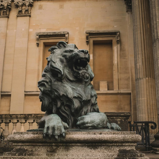 a statue of a lion in front of a building, a statue, pexels contest winner, visual art, bath, intimidating pose, delightful surroundings, detailed high resolution