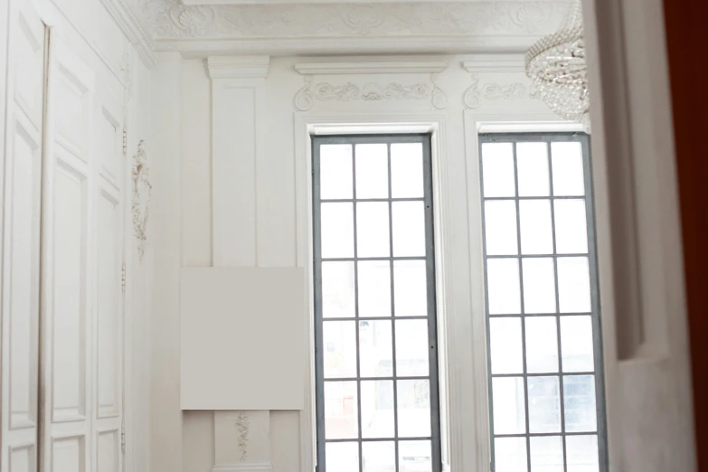 a living room filled with furniture and large windows, an album cover, inspired by Michael Gustavius Payne, trending on unsplash, rococo, background is white and blank, office ceiling panels, background image, ornate with white diamonds