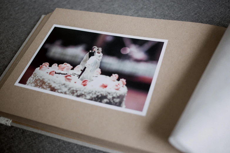 a picture of a bride and groom on top of a cake, a polaroid photo, by Lucia Peka, unsplash, process art, hard cover book, highly detailed image, cream paper, 2 colour print