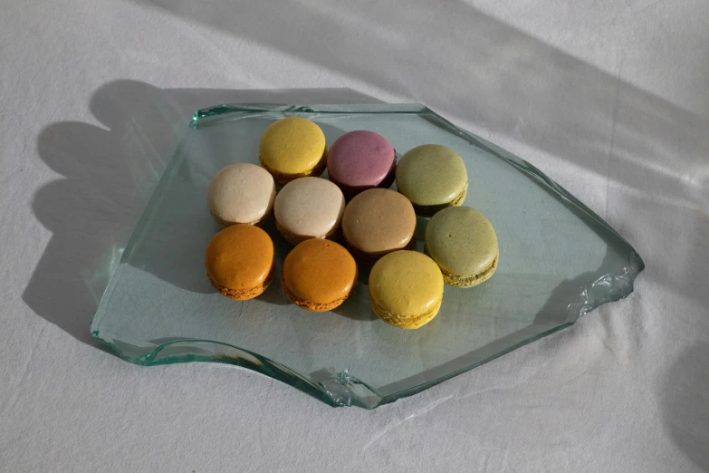 a close up of a plate of macarons on a table, inspired by Charles Le Roux, unsplash, visual art, cast glass, ignant, 513330673, a small