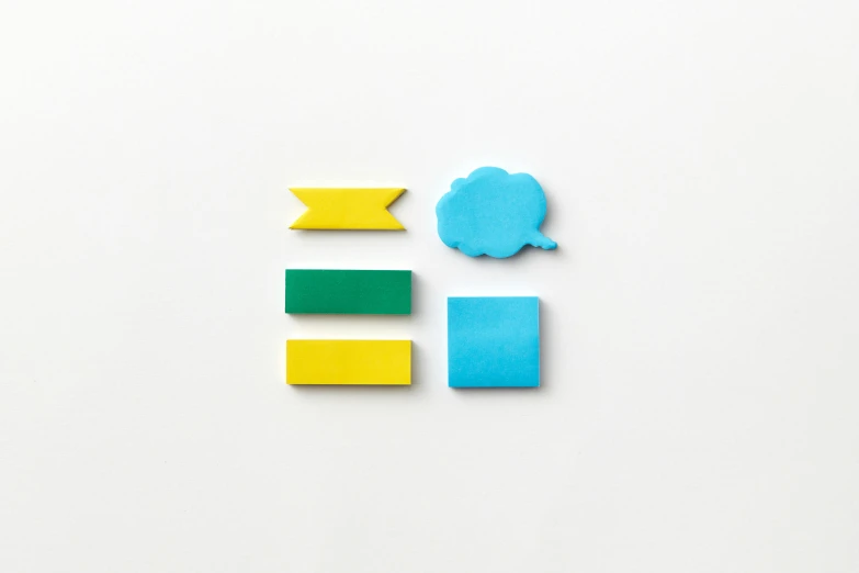 the letters e and a cloud are placed next to each other, by Jang Seung-eop, unsplash, postminimalism, yellow and blue and cyan, miscellaneous objects, ink on post it note, 5 colors