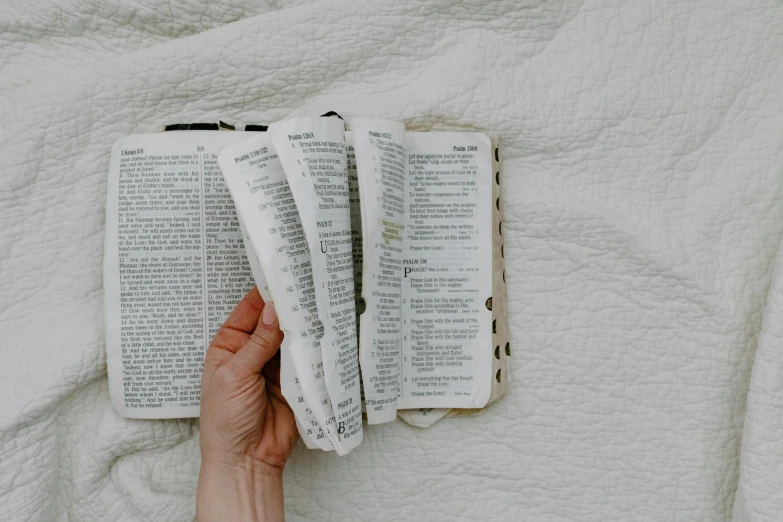a person holding an open book on top of a bed, by Carey Morris, pexels, unilalianism, holy themed, reference sheet white background, background image, unreadable text