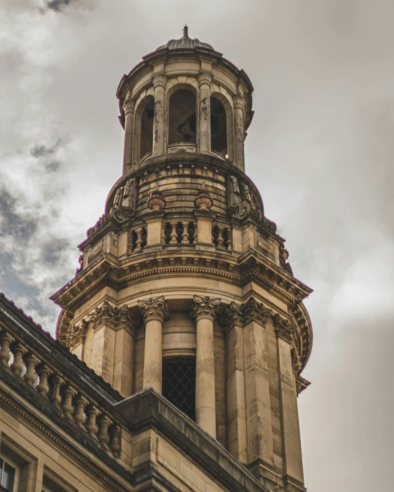 a clock tower with a cloudy sky in the background, inspired by Hubert Robert, unsplash, romanesque, dome, lgbtq, deteriorated, spire