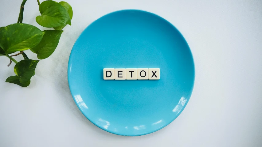 a blue plate with the word detox on it, by Rachel Reckitt, trending on pexels, mint, 2 0 s, waste, steroids