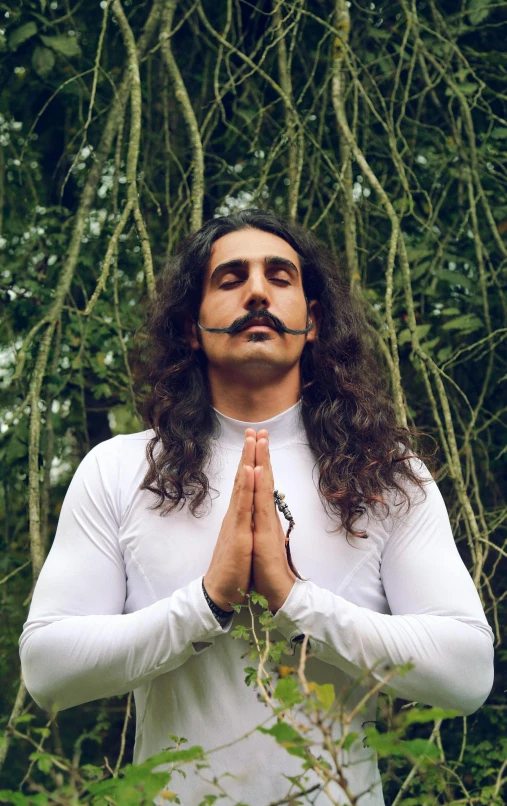 a man with long hair and a moustache standing in a forest, an album cover, pexels, hindu stages of meditation, with mustache, sam nassour, pictured from the shoulders up