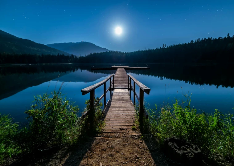 a dock in the middle of a lake under a full moon, by Julia Pishtar, outdoor photo, british columbia, bright moonlight, hd nature photography