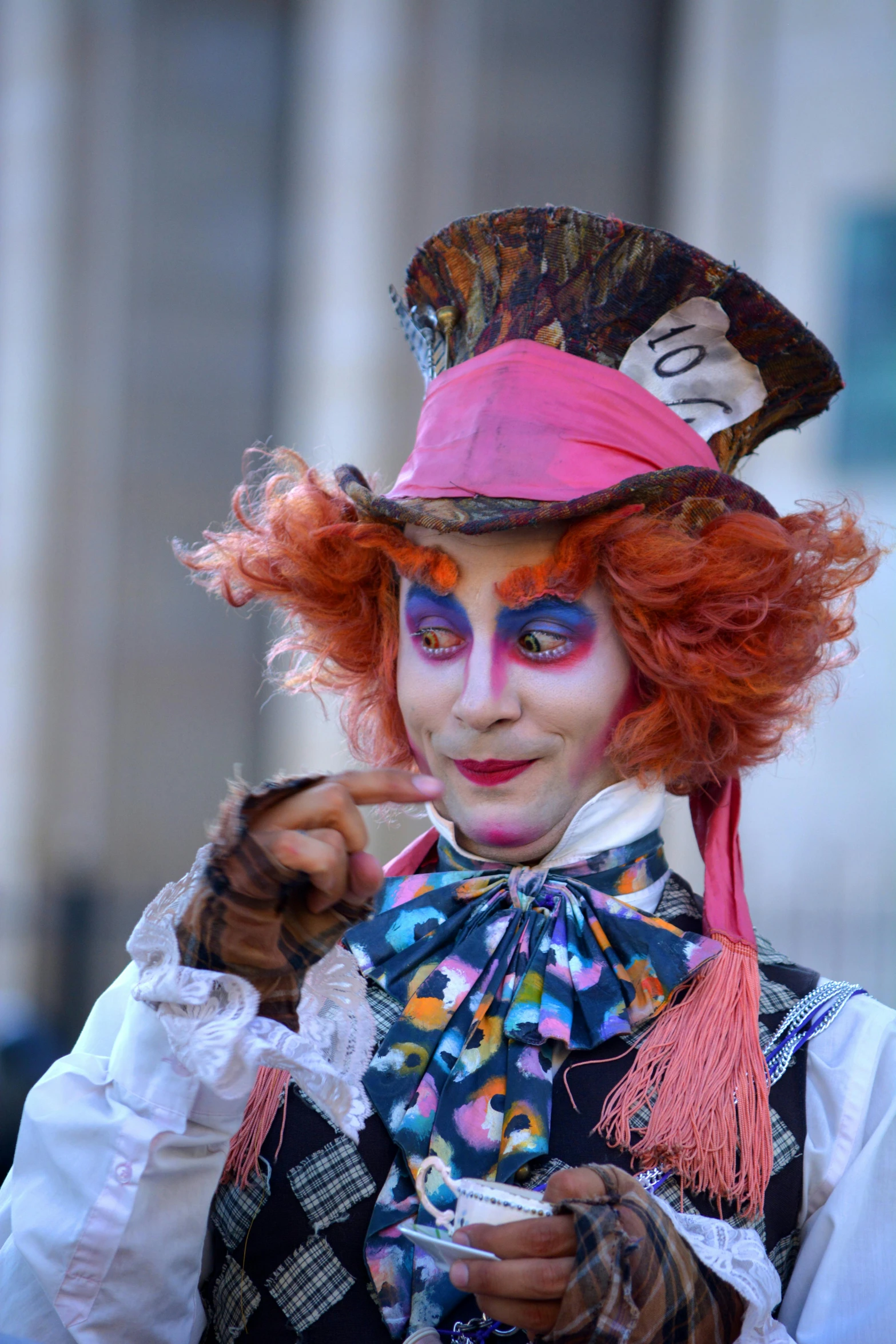 a close up of a person wearing a costume, a photo, inspired by Thomas Rowlandson, pexels contest winner, rococo, mad hatter, square, lgbtq, cutecore clowncore