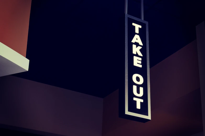 a sign hanging from the side of a building, by Matt Cavotta, trending on unsplash, food court, back lit, take off, take cover